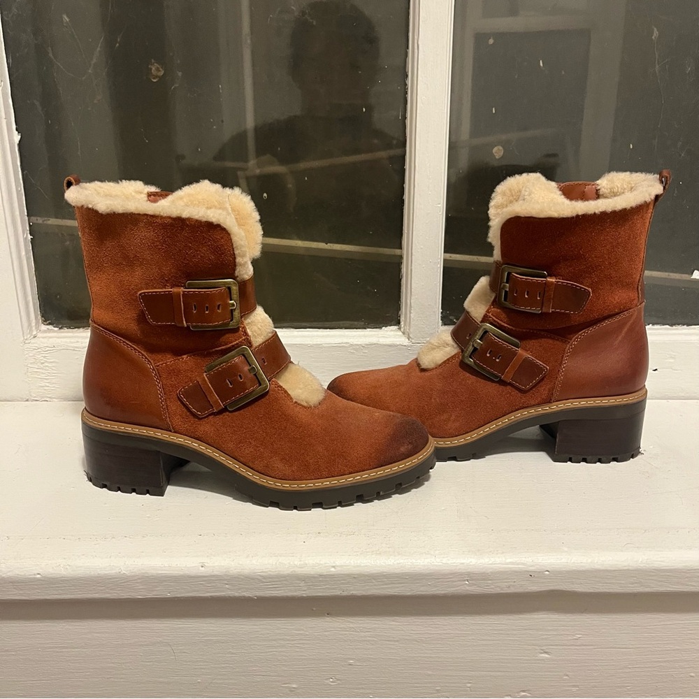 Naturalizer Brown Shearling Buckle Heel Boots size 7
